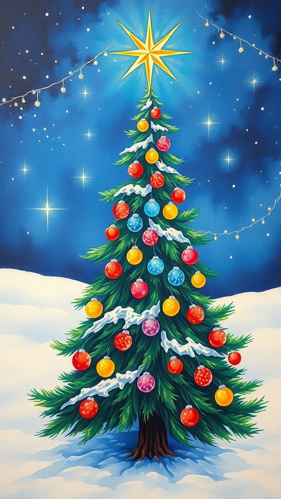 Christmas Tree Painting Recipe A colorful Christmas tree painting with ornaments and a star, set against a snowy night sky.